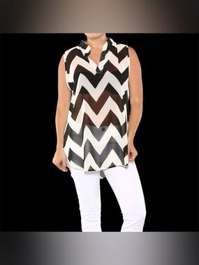 Chevron Print Sleeveless Sheer Blouse Geo Black White Y2K Top